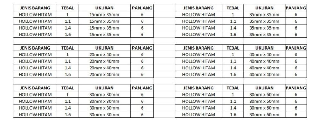 ukuran produk hollow hitam